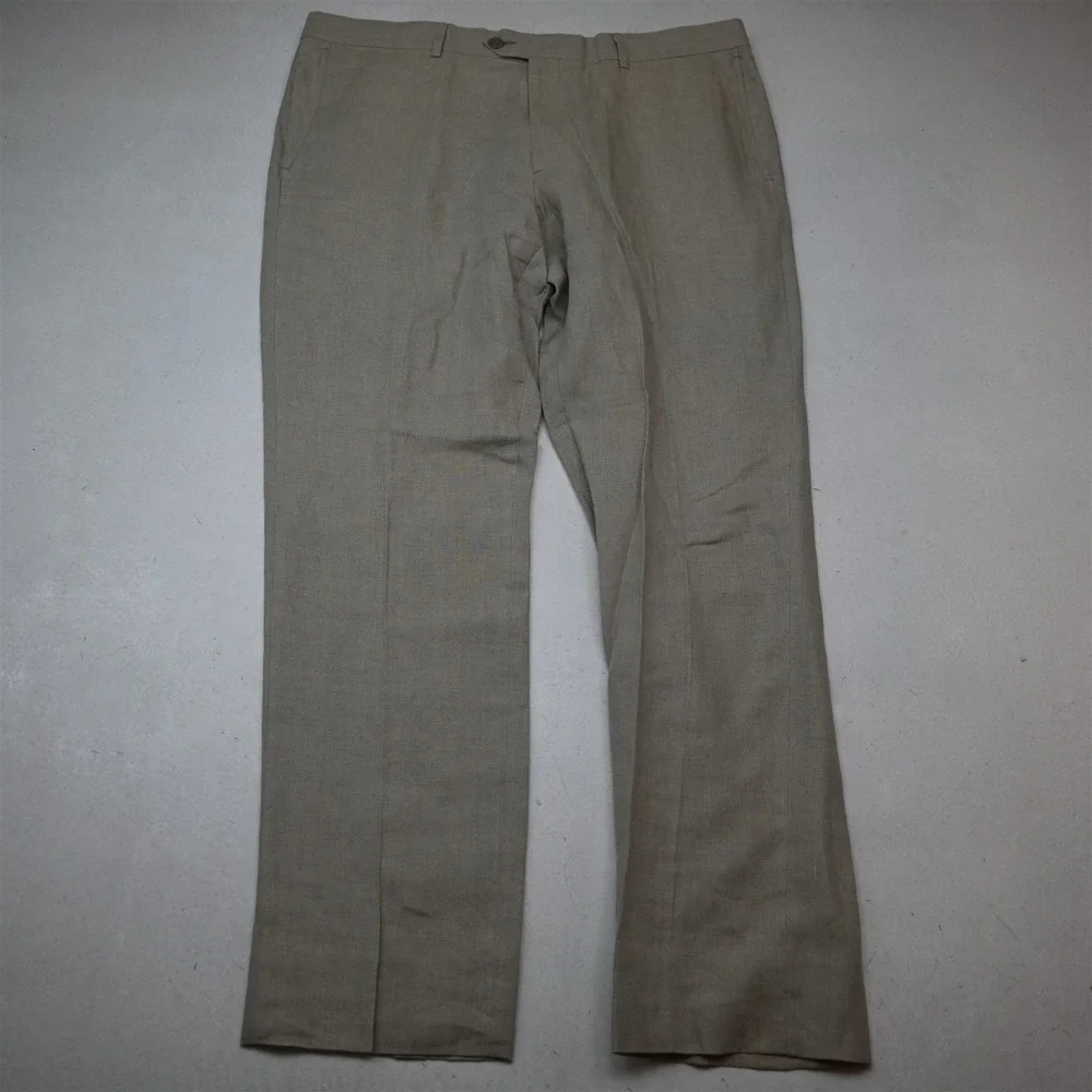 Nordstrom 38x32 Beige Khaki 100% Linen Flat Front Straight Dress Mens Pants